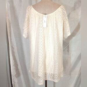 gnw TAG lace Top, Ivory short sleeve, see through top layer/lined Round Neck, 1X